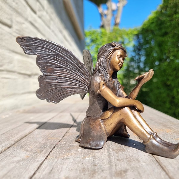 Ange de bronze avec oiseau à la main - Fée de jardin - Ornements de jardin