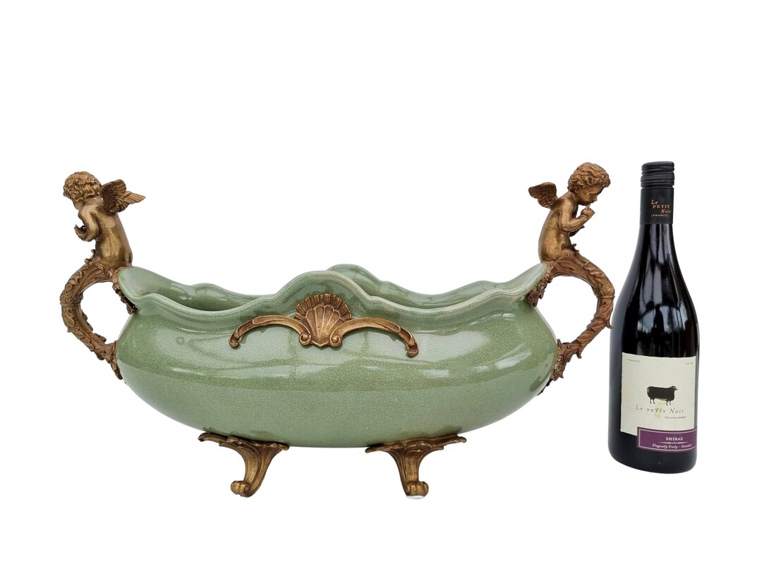 Very Large Decorative Bowl Centerpiece Porcelain Bowl With Bronze