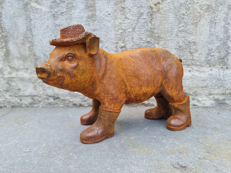 Rustic Cast Iron Piglet Sculpture: Adorable Dressed Pig with Boots and Hat for Charming Garden Decor image 4