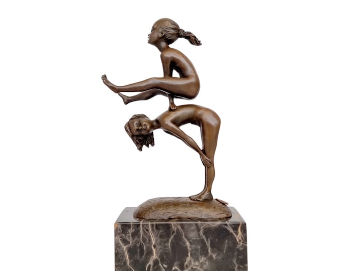 Bronze figurine of two young girls playing - leapfrog - Two children playing - rustic home decoration - gift for mother or grandmother