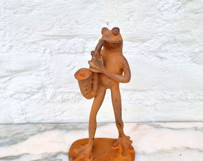Frog with saxophone - Iron house ornament - Rustic and country figures - Cottagecore home decoration - Cast iron frog - charming