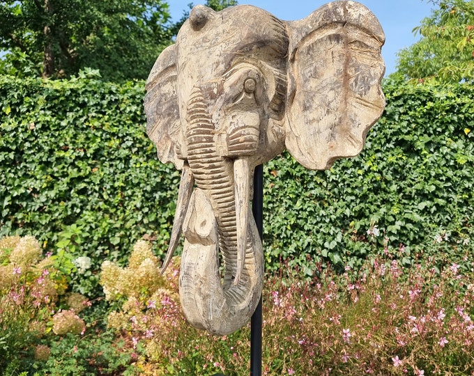 Wood carving - Elephant head on stand - Tropical decor