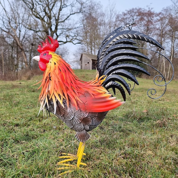 Grand coq en fer - Coq décoratif - Animaux de jardin en métal - Inspiration jardin et terrasse - Décoration Pâques