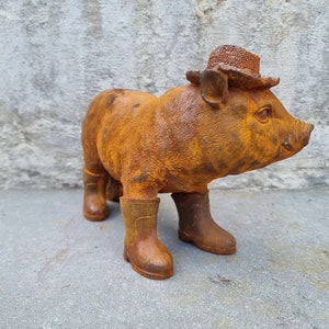 Rustic Cast Iron Piglet Sculpture: Adorable Dressed Pig with Boots and Hat for Charming Garden Decor image 6