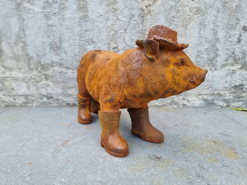 Rustic Cast Iron Piglet Sculpture: Adorable Dressed Pig with Boots and Hat for Charming Garden Decor image 6