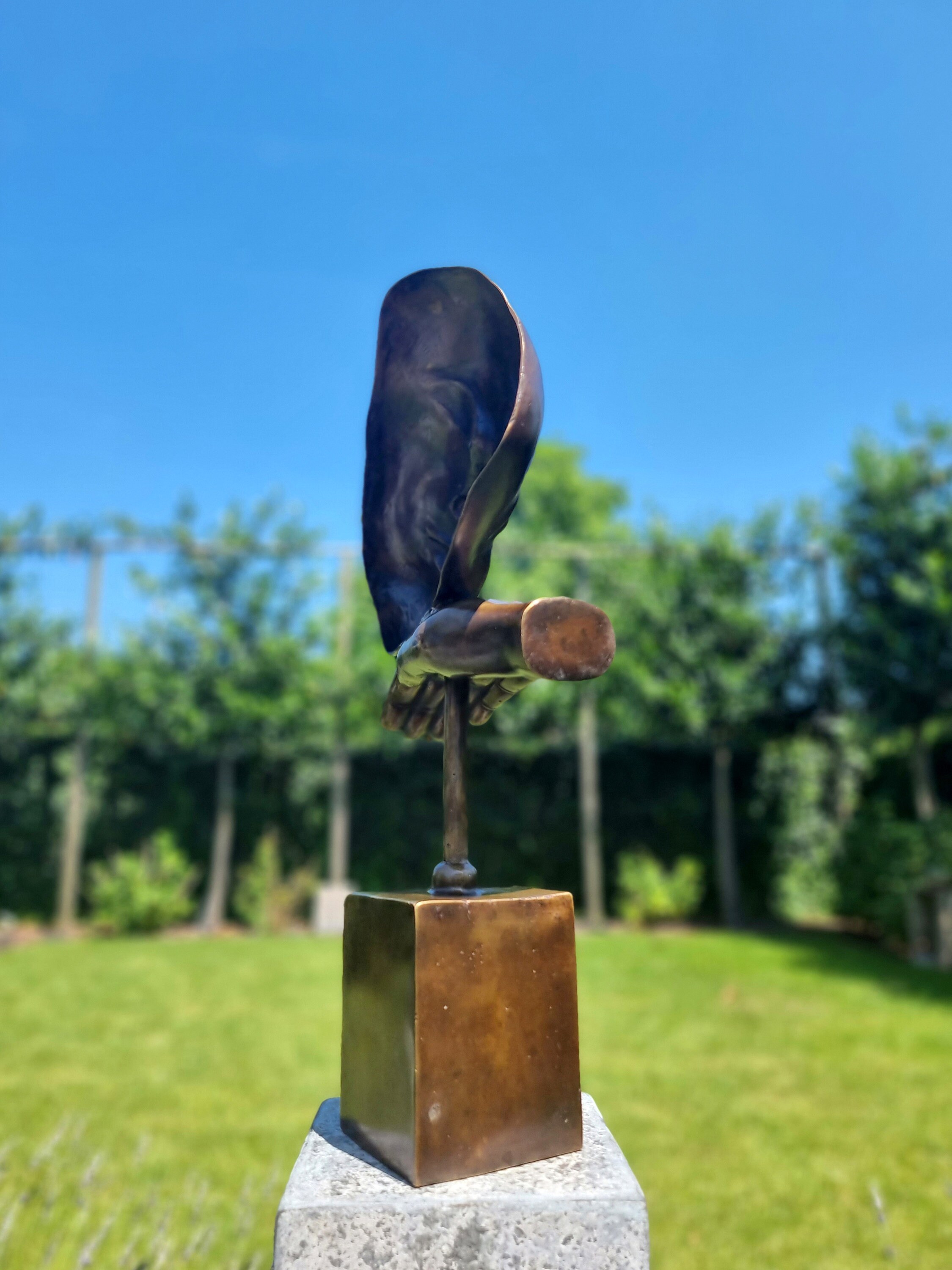 Bronze sculpture of a face with hand Abstract and contemporary bronze