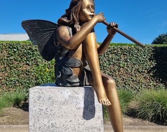 Bronze fairy with flute - Garden art - Bronze outdoor statues - Romantic garden