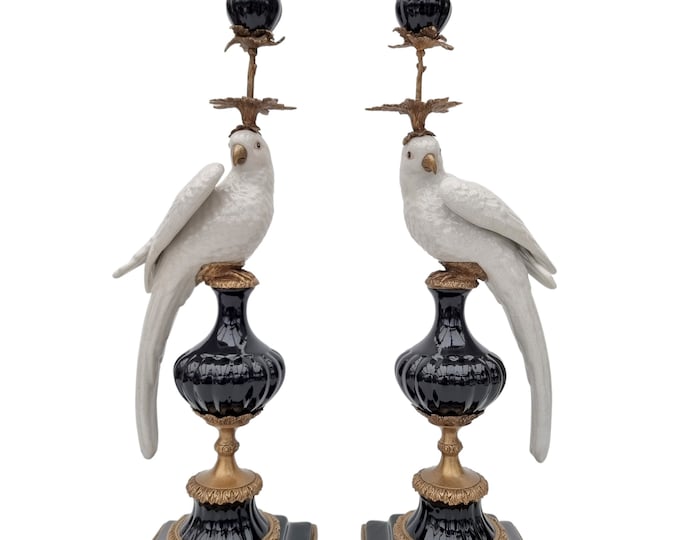 Porcelain candlesticks with bronze ornaments - Parrots - Heritage
