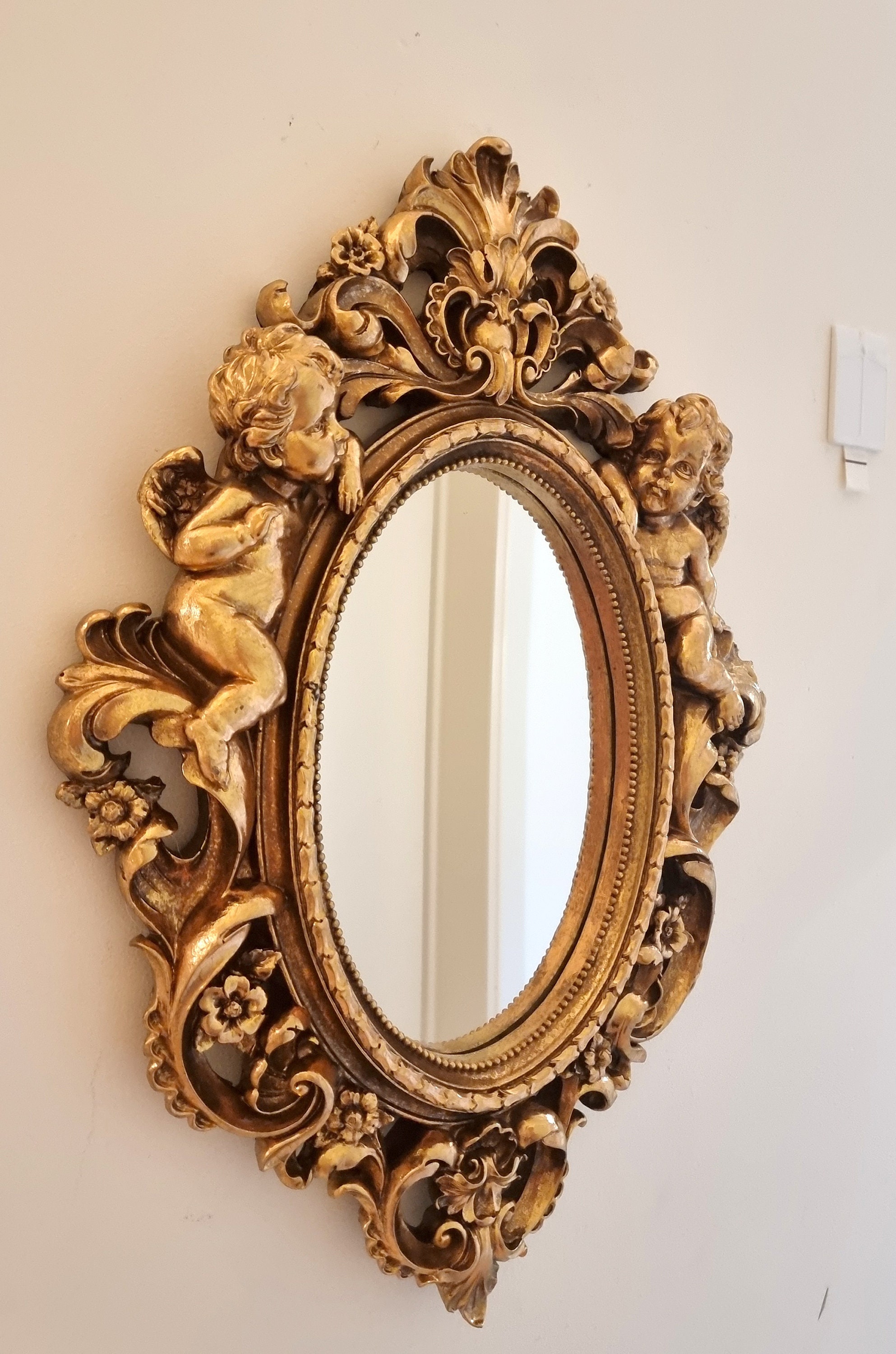 Recency wall mirror Gold colored wall mirror Mid century Cherub mirror