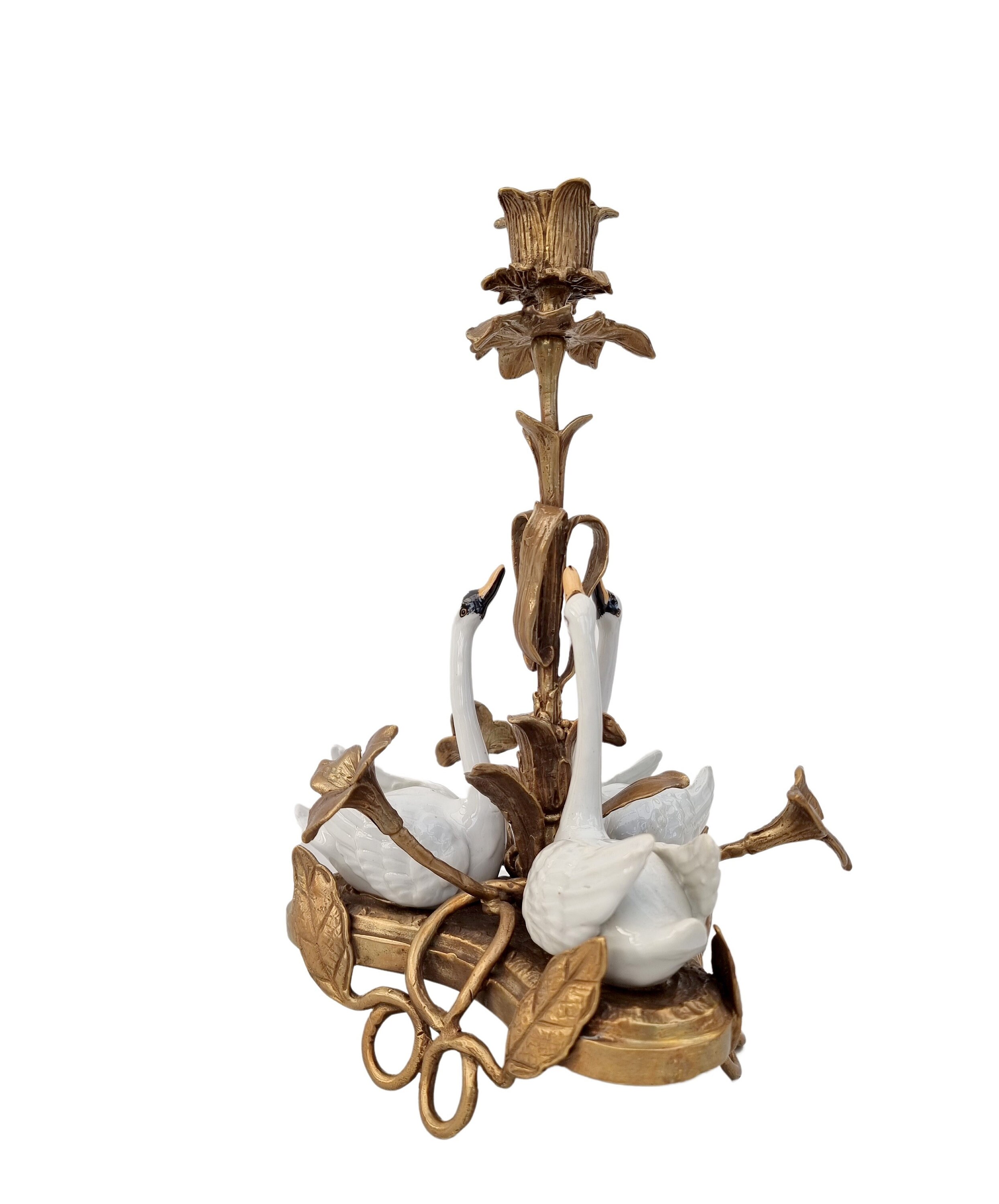 Centerpiece candlestick Table candlestick Bronze candle holder with porcelain swans