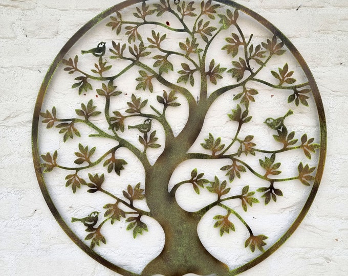 Decorative wall decoration - light metal tree of life with birds - green summer wall decoration - patio and garden furnishings - garden gift