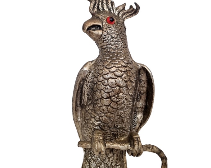 Vintage sculpture of a Cockatoo on branch - silver-colored brass - Vintage charming bird - Vintage home decoration - unique gift idea