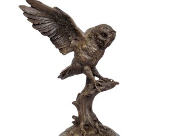 Nocturnal Wisdom: Beautiful Bronze Owl on Marble Base - Flying owl - bronze animals - cottage interior