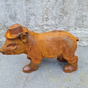 Rustic Cast Iron Piglet Sculpture: Adorable Dressed Pig with Boots and Hat for Charming Garden Decor image 9