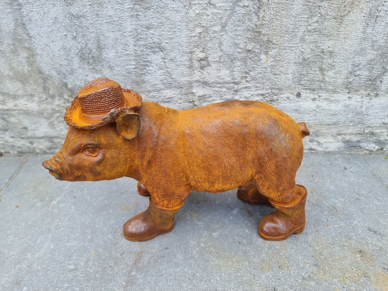 Rustic Cast Iron Piglet Sculpture: Adorable Dressed Pig with Boots and Hat for Charming Garden Decor image 9