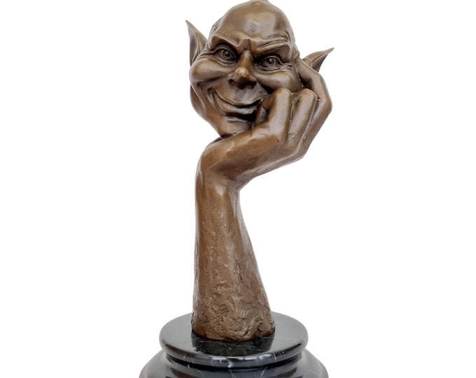 Decorative bronze figure of a Goblin - Gnome - Gremlin - The thinking goblin - Head in hand - Bronze surrealism