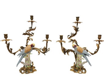 XXL Porcelain candlesticks with bronze ornaments - Parrots - Boho decor