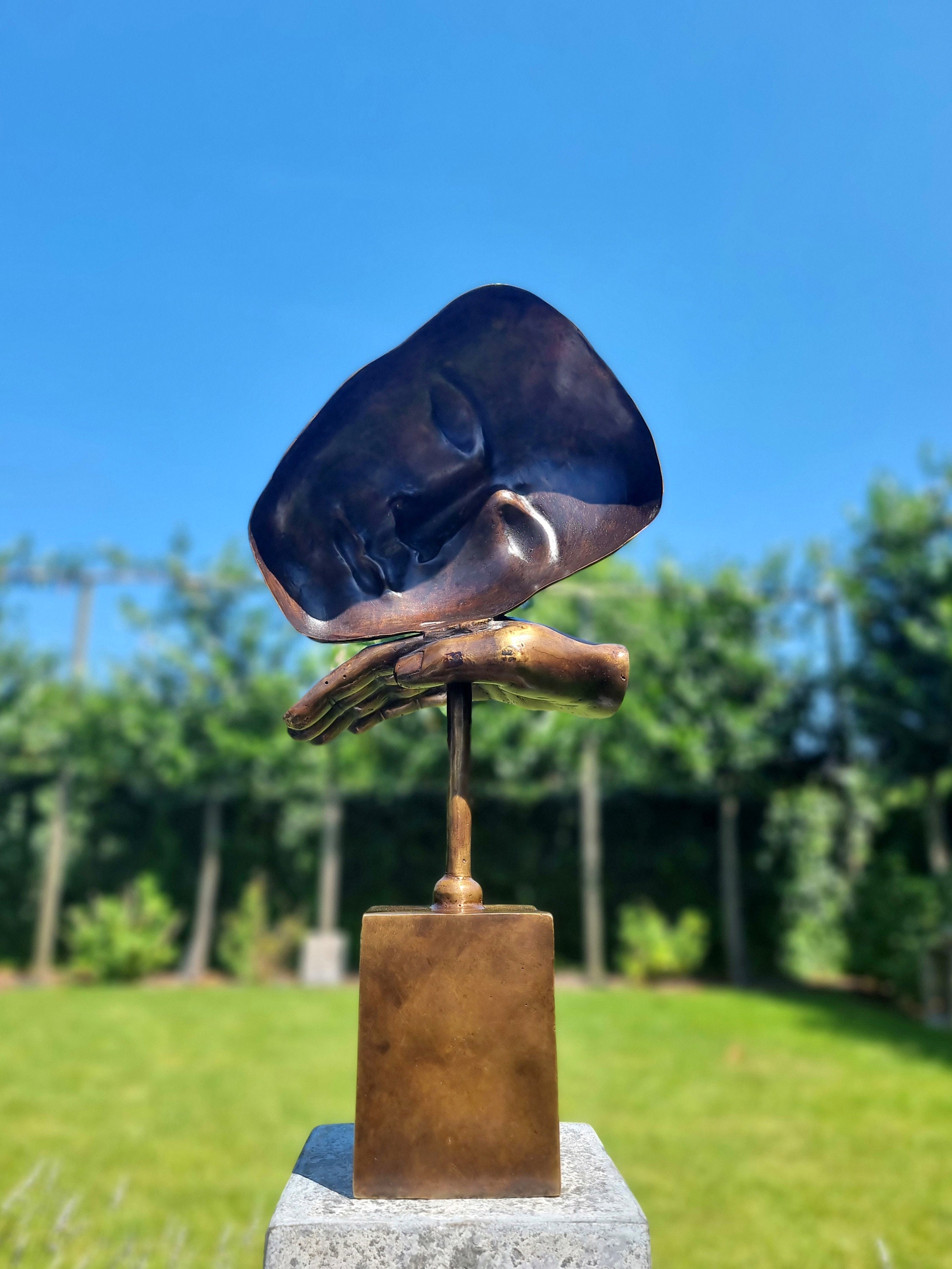 Bronze sculpture of a face with hand Abstract and contemporary bronze