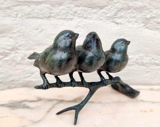 3 birds on a branch - bronze garden ornaments - Garden and patio decoration - Cottagecore home decor - natural home ornaments - bronze birds