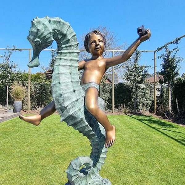 Bronze fountain - Boy on seahorse - Bronze garden sculptures - Garden fountains