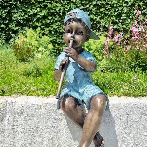 Bronze sculpture of a boy with flute - Bronze fountain - Bronze garden decoration - Bronze children