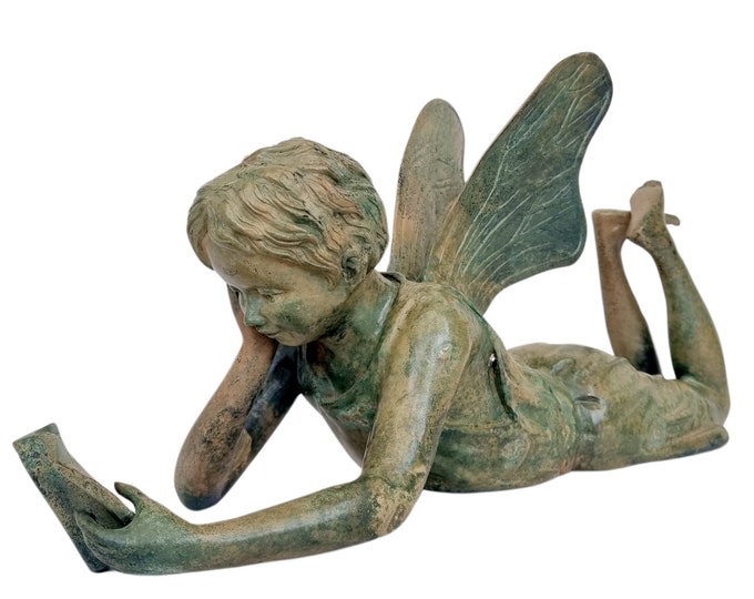 Rustic bronze sculpture of an elf reading a book - fairytale decoration - Magical garden and terrace decoration - Bronze elf