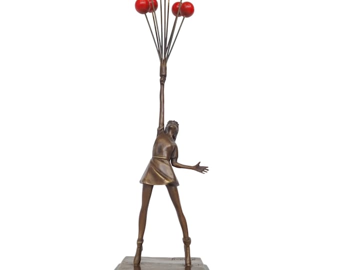 Vivid and Lively Bronze Statue of Girl Holding Balloons - Whimsical conversation starter, Art Collectors, and Unique bronze Gifts