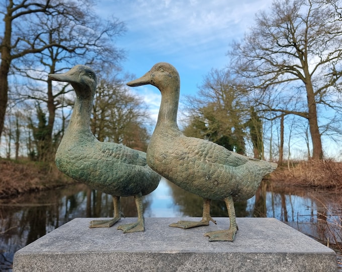 Pair of lifelike bronze ducks - Bronze garden and patio decoration - Lifelike wild animals in bronze - Bronze birds - Unique garden