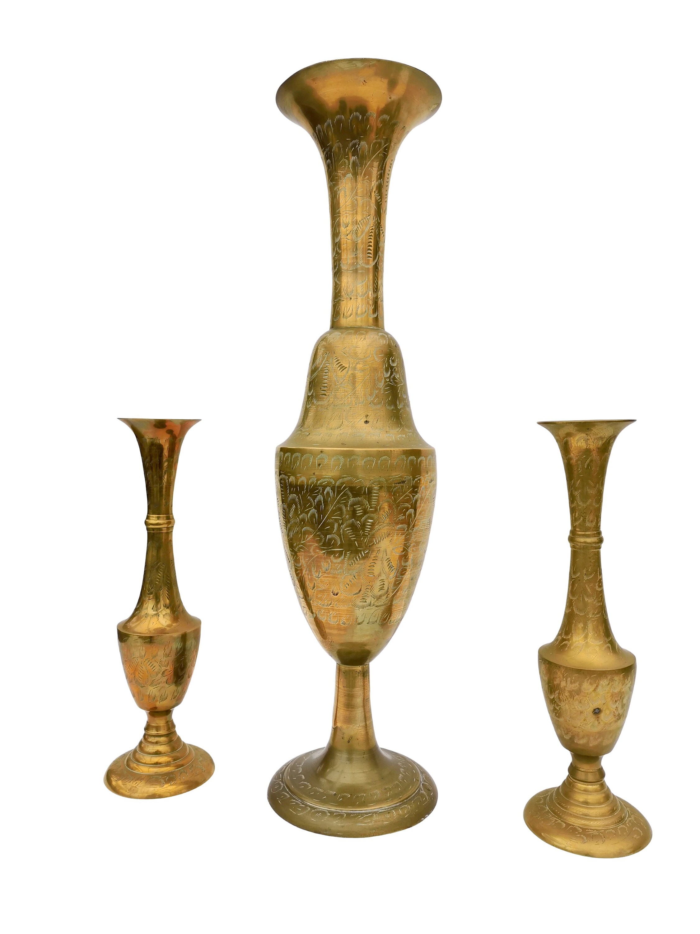 A unique set of 3 decorative copper vases