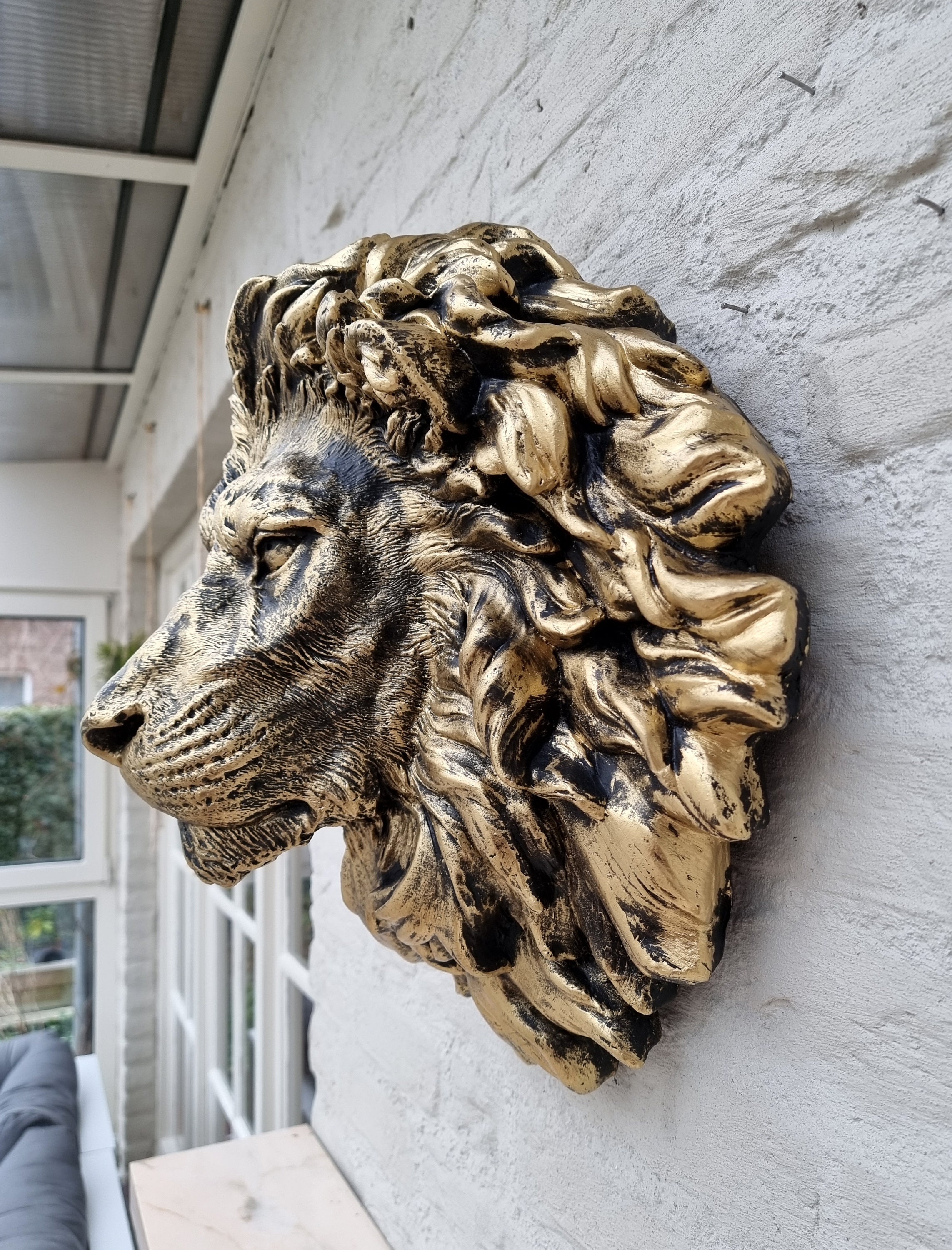 Large lion head Wall mounted Golden lion head Tropical home decor