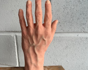 May include: A realistic-looking hand model with visible veins, posed with fingers spread apart. The hand is made of a smooth, flesh-toned material and is resting on a wooden surface.