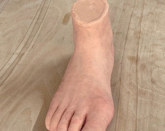 May include: A realistic-looking prosthetic foot with a flesh-toned color. The foot is made of a soft, flexible material and has a natural-looking appearance.