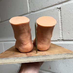 May include: Two realistic-looking silicone feet are attached to a wooden board with a screw going through the center of the board. The feet are positioned so that the soles are facing the camera.