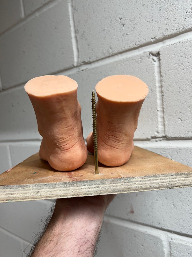 May include: Two realistic-looking silicone feet are attached to a wooden board with a screw going through the center of the board. The feet are positioned so that the soles are facing the camera.