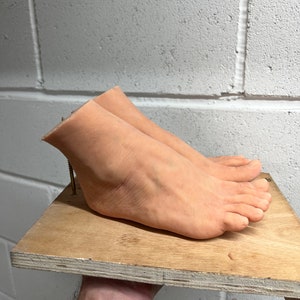 May include: A pair of realistic-looking silicone feet, mounted on a wooden board. The feet are posed as if they are standing on their toes.
