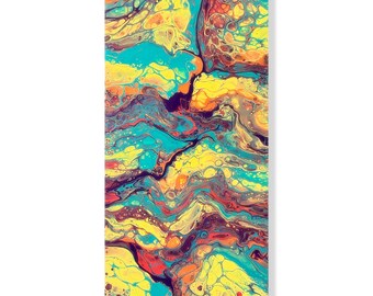 May include: Abstract art print with a vibrant, fluid design. The artwork features a mix of colors, including yellow, turquoise, orange, red, and purple, creating a dynamic and textured visual effect. The piece has a modern aesthetic.