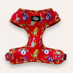 Rockasaurus - Adjustable Harness | for extra small to large breeds | for puppy, puppies | red | dinos | dinosaurs | kids pattern | boys