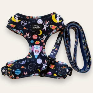 Space Pups - Adjustable dog harness and leash set. lead, dog harness , harness set, bright, colourful, happy, dog walk, lead, collar