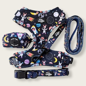 Arnés para perros Space Pups: collar, correa y soporte para bolsa de excrementos / cohetes, planetas, perros astronautas