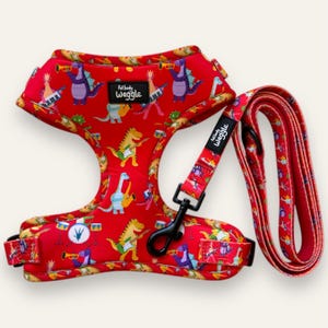 Rockasaurus - Adjustable dog harness and leash. Dog harness, dog lead, dog walk, dog gifts, birthday, Christmas, dinosaurs, music, children