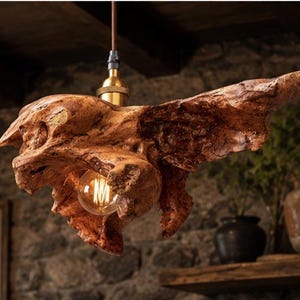Könnte beinhalten: Eine Pendelleuchte mit einem natürlichen, rohen Stück Treibholz als Hauptgehäuse. Das Holz hat eine satte, strukturierte braune Oberfläche mit organischen Kurven. Eine einzelne klare Edison-Glühbirne hängt an einer Messingfassung.