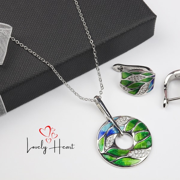 925 Silver Plated Green Bamboo Leaves Handmade Enamel Necklace and Earrings Jewellery Set by Lovely Heart