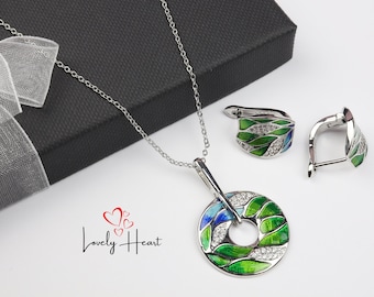 925 Silver Plated Green Bamboo Leaves Handmade Enamel Necklace and Earrings Jewellery Set by Lovely Heart