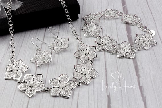 925 Silver Plated Filigree Flowers, Necklace, Bracelet and Earrings Jewellery Set By Lovely Heart