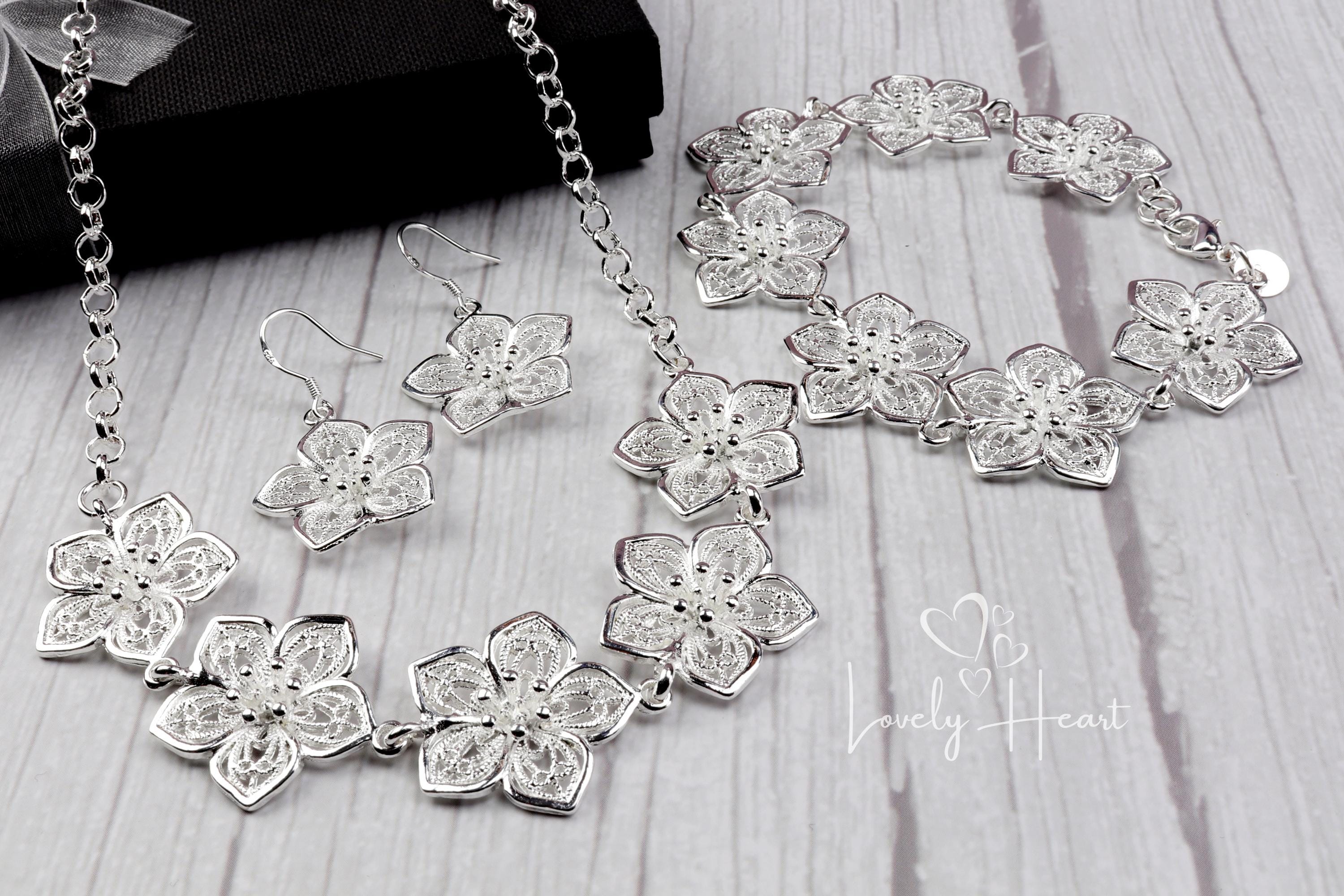 925 Silver Plated Filigree Flowers, Necklace, Bracelet and Earrings Jewellery Set By Lovely Heart