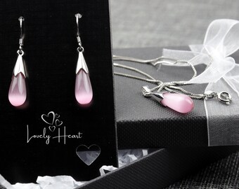 925 Sterling Silver Moonstone Opal Water Drop Necklace & Earrings Jewelry Set by Lovely Heart