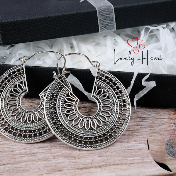 Round Vintage Antique Gold Black Silver Color Flower Metal Hoop Earrings by Lovely Heart