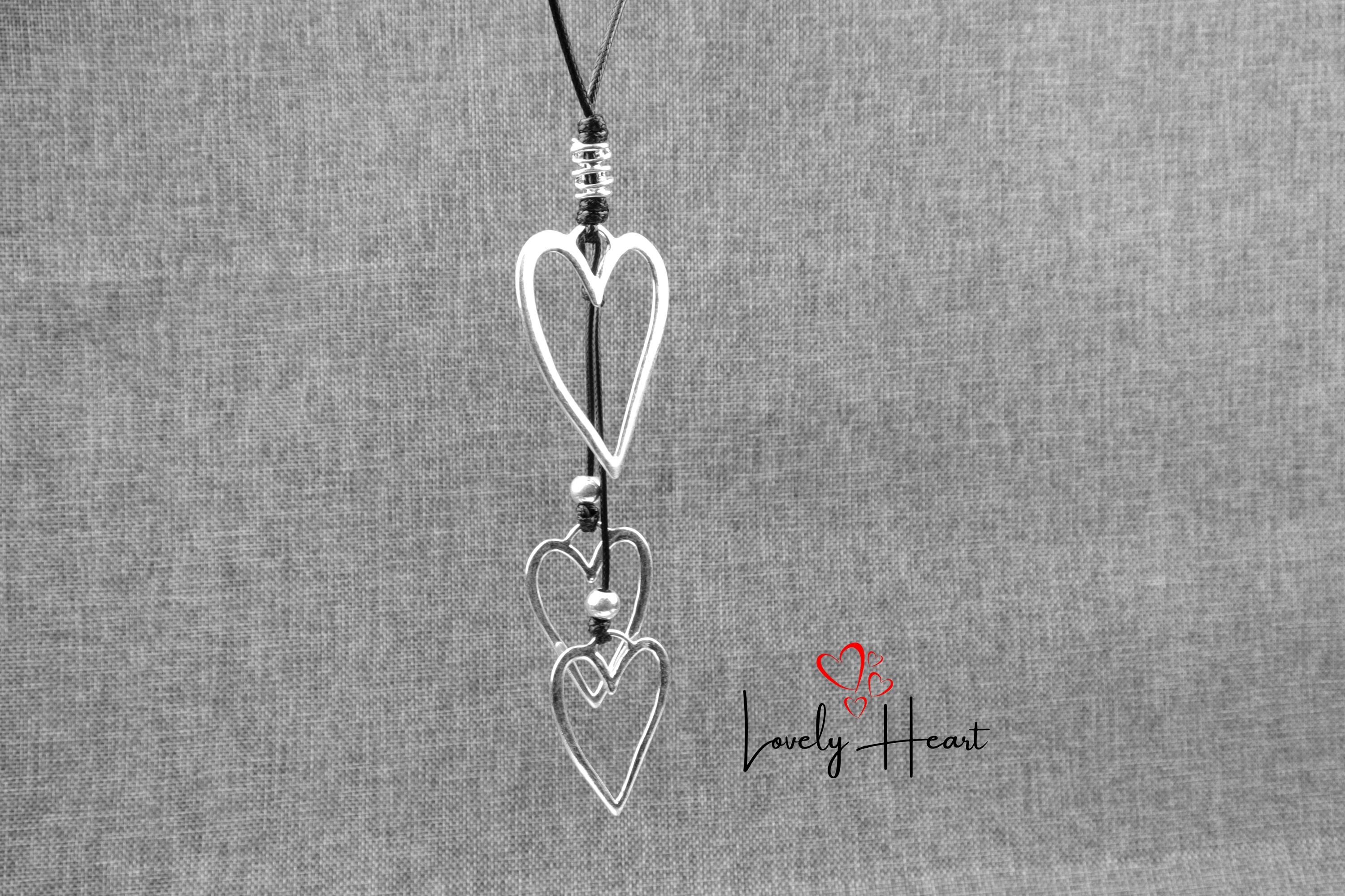 Three Hearts Pendants in Leather Cord Long Necklace by Lovely 