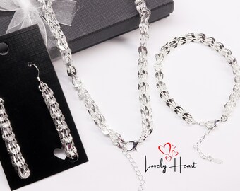 Silver Plated Jewelry Set: Necklace, Bracelet & Earrings
