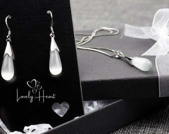 925 Sterling Silver Moonstone Opal Water Drop Necklace & Earrings Jewelry Set by Lovely Heart